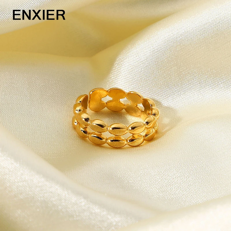 

ENXIER Double Oval Gold Color Bean Open Adjustable Ring Women 316L Stainless Steel Classic Ring Trendy Jewelry
