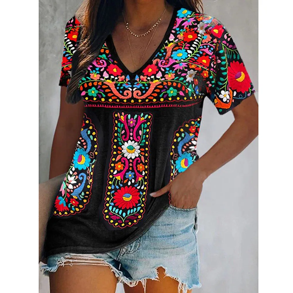 2022 spring and summer new women's tops bohemian print v-neck short-sleeved T-shirt women
2022 spring and summer new women's tops bohemian print v-neck short-sleeved T-shirt women