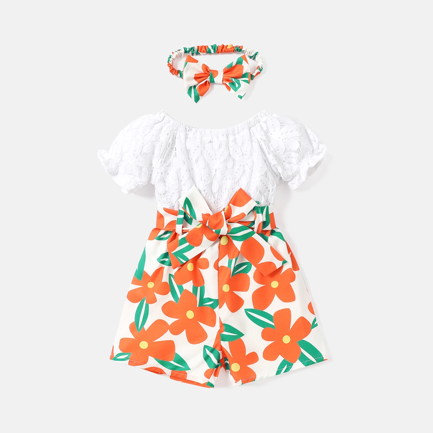 PatPat 3pcs Baby Girl Floral Print & Solid Lace Puff-sleeve Romper with Belt & Headband Set
PatPat 3pcs Baby Girl Floral Print & Solid Lace Puff-sleeve Romper with Belt & Headband Set