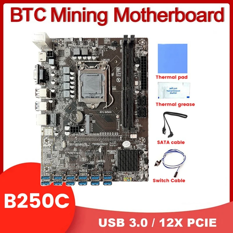 B250C 12 Card BTC Miner Motherboard+Switch Cable+SATA Cable+Thermal Grease/Pad 12XUSB3.0 To PCIE LGA1151 DDR4 Slot MASAT
B250C 12 Card BTC Miner Motherboard+Switch Cable+SATA Cable+Thermal Grease/Pad 12XUSB3.0 To PCIE LGA1151 DDR4 Slot MASAT