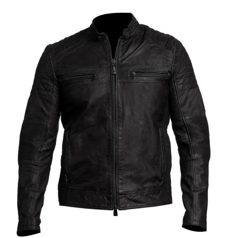 

Mens Biker Vintage Antique Black Cafe Racer Moto Real Lamb Leather Jacket Motorcycle Coat