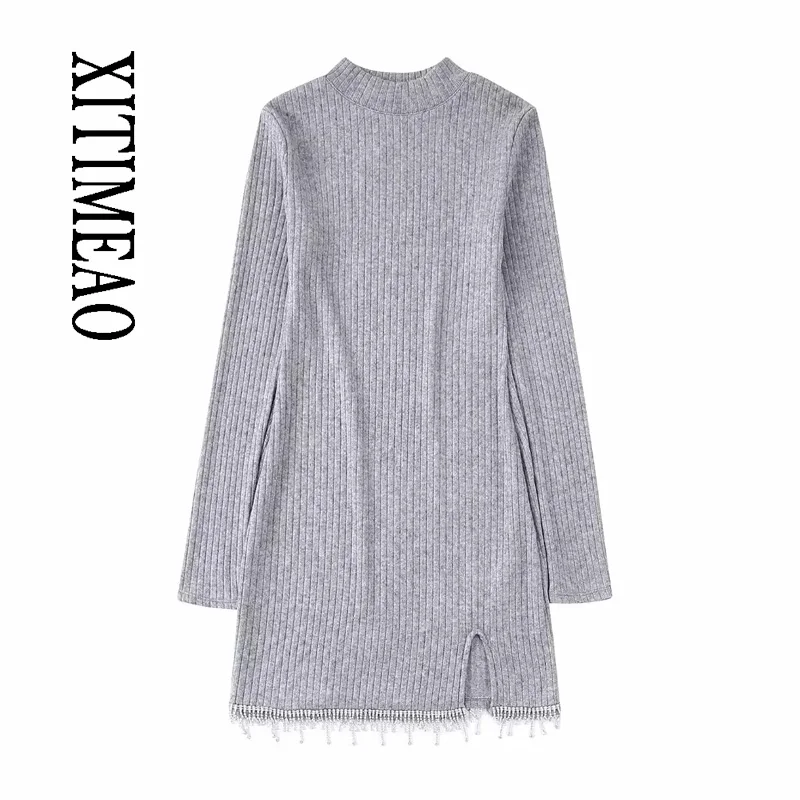 

XITIMEAO Women Fashion With Jewel Fringed Hem Soft Knit Mini Dress Vintage High Neck Long Sleeve Female Dresses Vestidos Mujer