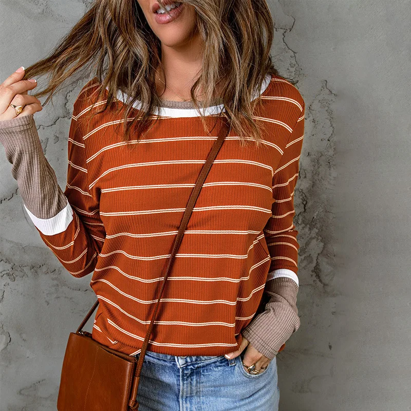 Autumn and Winter New Striped Round Neck T-shirt Women Slim Slim Contrasting Color Long-sleeved Pullover Knitted Sweater Women
Autumn and Winter New Striped Round Neck T-shirt Women Slim Slim Contrasting Color Long-sleeved Pullover Knitted Sweater Women