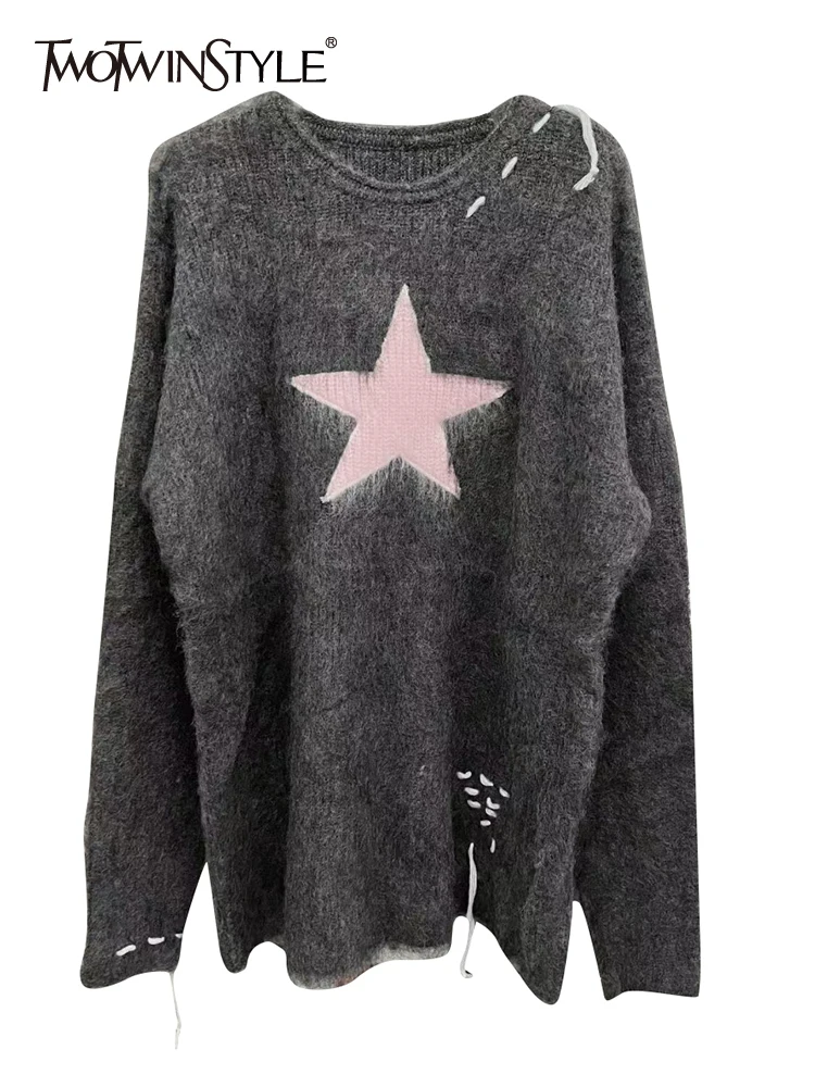 TWOTWINSTYLE Print Star Sweater For Women Round Neck Long Sleeve Patchwork Lace Up Colorblock Knitting Pullovers Female Clothing
TWOTWINSTYLE Print Star Sweater For Women Round Neck Long Sleeve Patchwork Lace Up Colorblock Knitting Pullovers Female Clothing