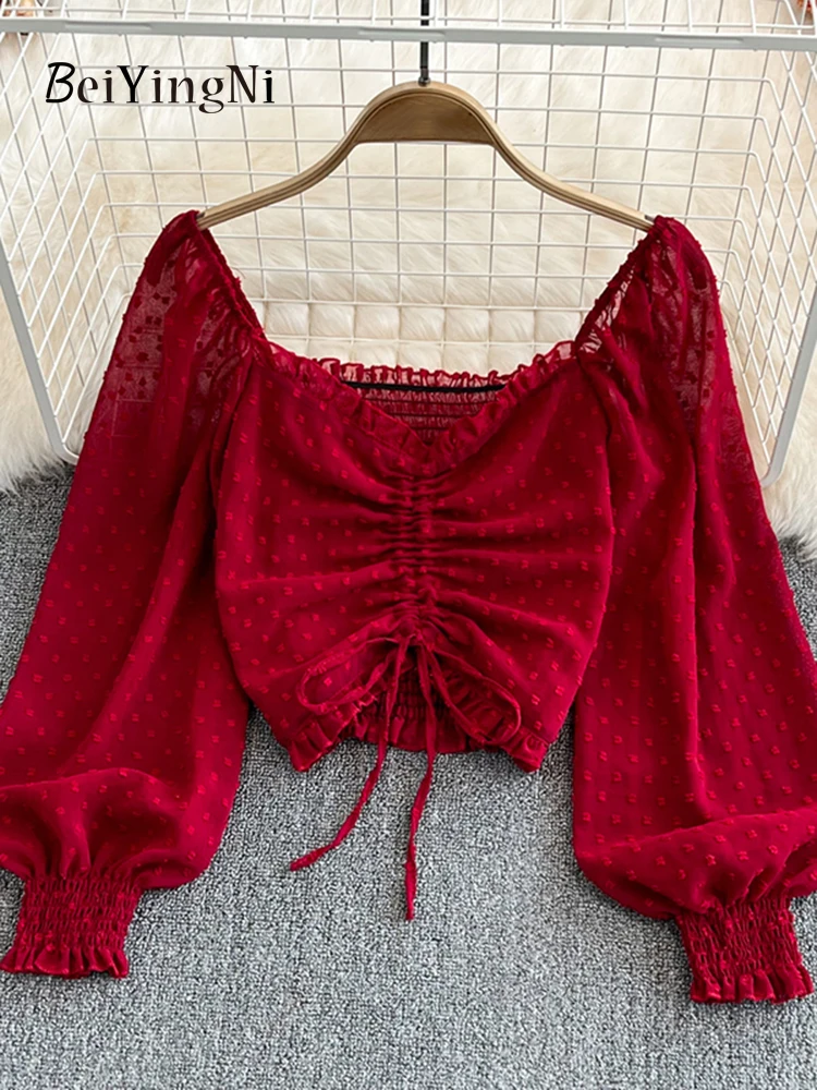 Beiyingni Spring Fall Polka Dot Printed Blusas Women Drawstring Ruched Vintage Korean Stylish Crop Tops for Woman V-neck Chiffon
Beiyingni Spring Fall Polka Dot Printed Blusas Women Drawstring Ruched Vintage Korean Stylish Crop Tops for Woman V-neck Chiffon