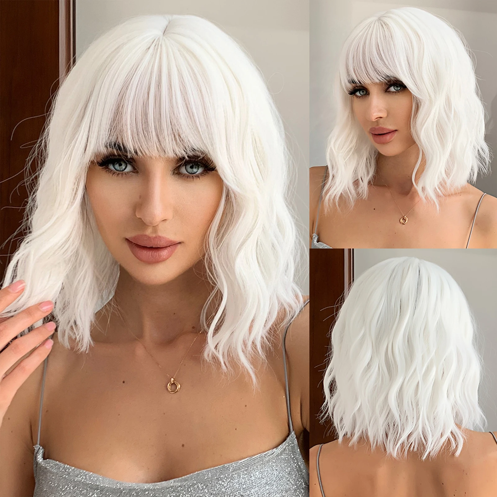 

Short Platinum White Blonde Synthetic Wigs with Bangs for Women Cosplay Lolita Hair Water Wavy Bob Natural Wig Heat Resistant