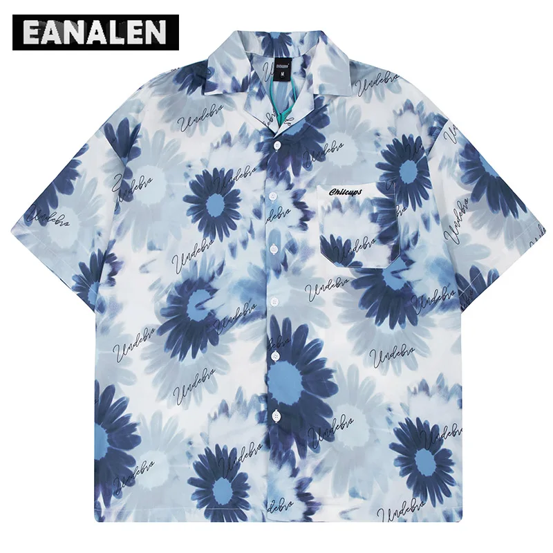 

Harajuku Blue Floral Graffiti Short Sleeve Shirt Men's Oversized Gothic Rock Casual Campus Boyfriend Style Shirt Women Grunge