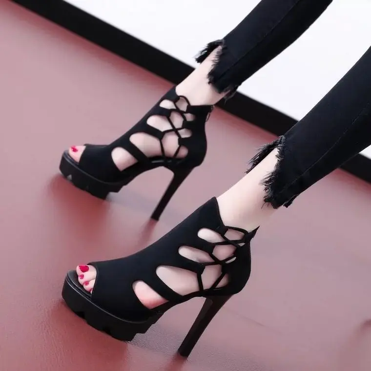 

2023 Summer Super High Heels Stiletto Sandals Women's Platform Black Peep Toe Buckle Sexy 11cm Catwalk Show