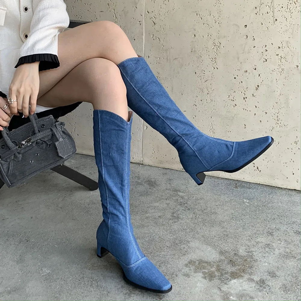 

Модные женские сапоги Челси до колена, сапоги на толстом среднем каблуке, синие джинсовые сапоги, зимняя женская обувь, Размеры 35-39