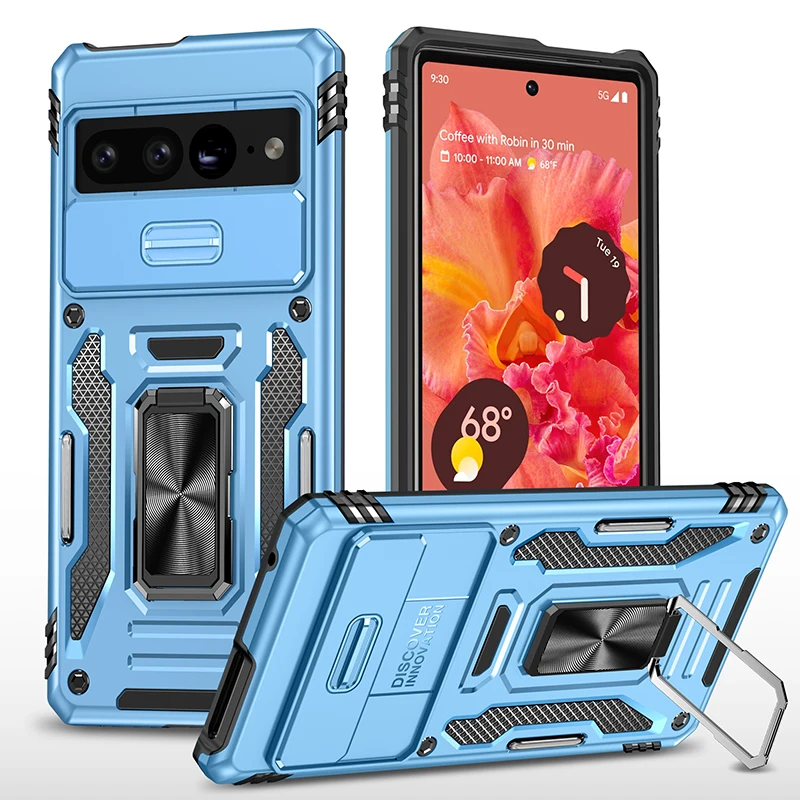 

For Google Pixel 7 Pro Case Shockproof Armor Slide Lens Cover Ring Bracket Hard Plastic TPU Back Case with Kickstand Accessories