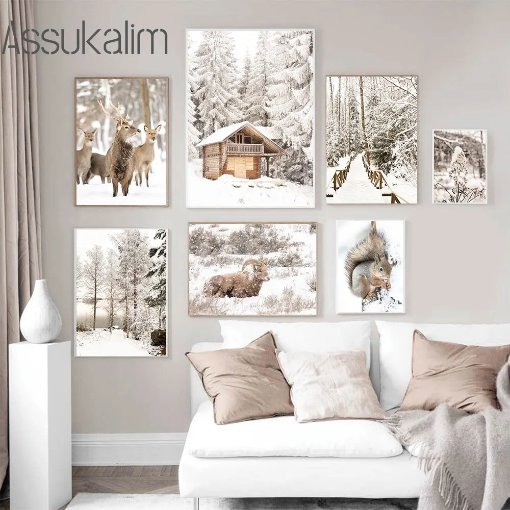 

Художественный постер на холсте с изображением озера, снежного леса, моста, настенные картины, белка, лось, принты, картины, скандинавские постеры, декор для гостиной