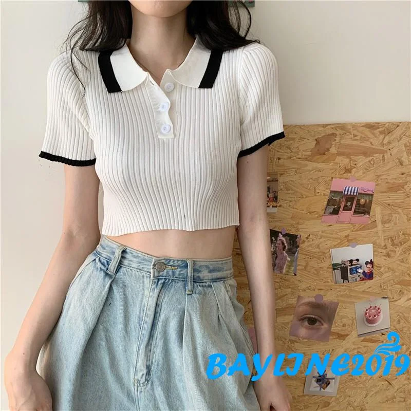 BAY-Ladies Temperament Lapel Knitwear, Girls Leisure Style Color Matching Short Sleeve Front Button Base T-shirt
BAY-Ladies Temperament Lapel Knitwear, Girls Leisure Style Color Matching Short Sleeve Front Button Base T-shirt