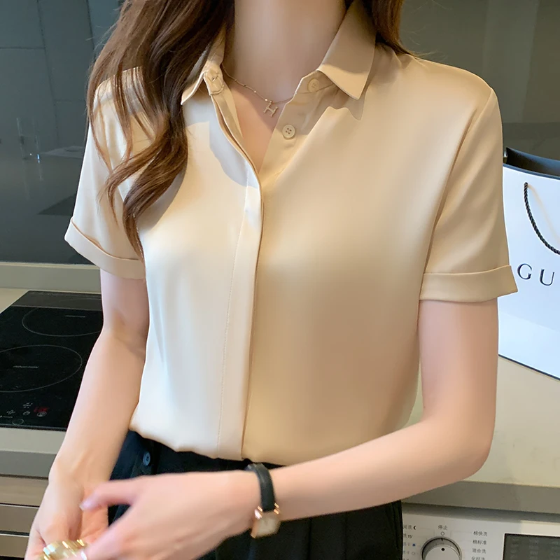 High Quality White Satin Women Tops Autumn Office Lady Short Sleeve Silk Polo-neck Commuter Women Shirts Women Button Up Shirt
High Quality White Satin Women Tops Autumn Office Lady Short Sleeve Silk Polo-neck Commuter Women Shirts Women Button Up Shirt