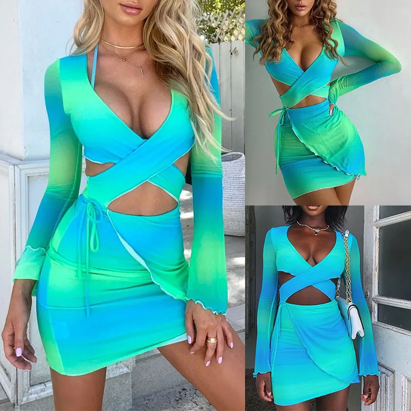 European and American New Women's Fashion Sexy V-neck Tie-dye Printing Long-sleeved Cross-slim Slim Irregular Dress Women
European and American New Women's Fashion Sexy V-neck Tie-dye Printing Long-sleeved Cross-slim Slim Irregular Dress Women