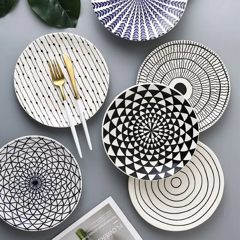 

Креативные тарелки в скандинавском стиле с геометрическим дизайном, керамическая посуда ручной работы, круглая кухонная посуда, домашний д...
