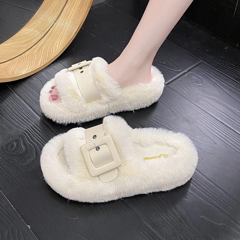 Женские шлепанцы из флока, шлепанцы на среднем меху, Сланцы на платформе, мягкая плюшевая обувь в гавайском стиле, римская обувь Basi, 2023