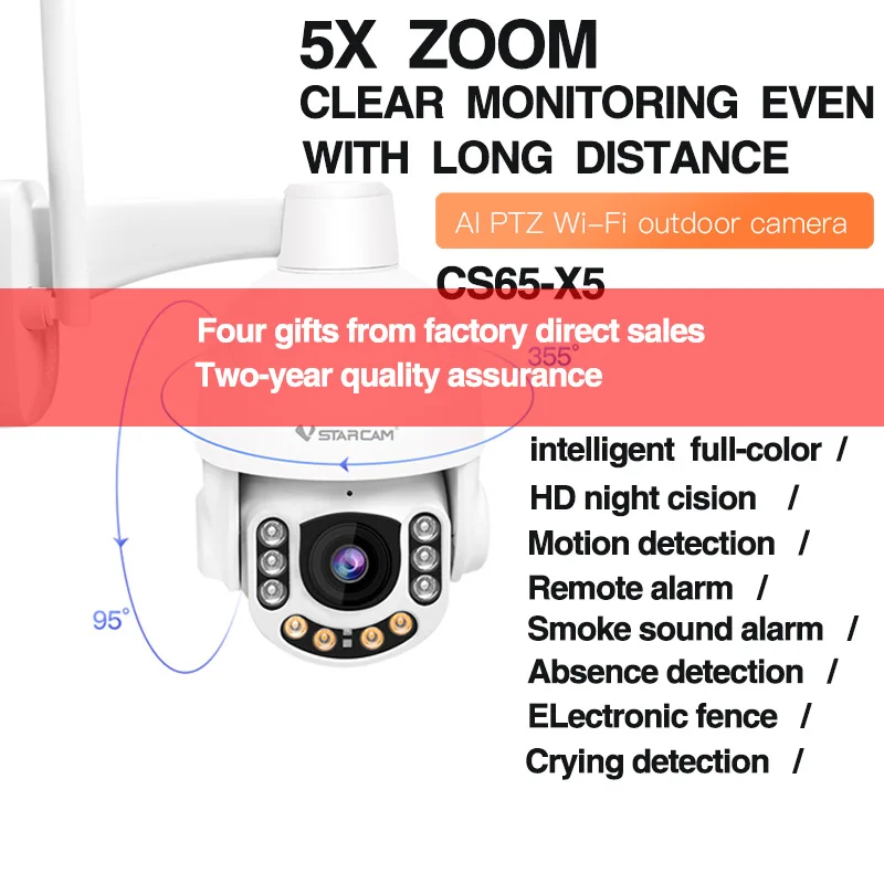 

VStarcam New 3MP 5X Zoom Wireless WiFi Outdoor HD IP Security Camera Optical Zoom Wireless Dome PTZ Support 128G Waterproof IP66