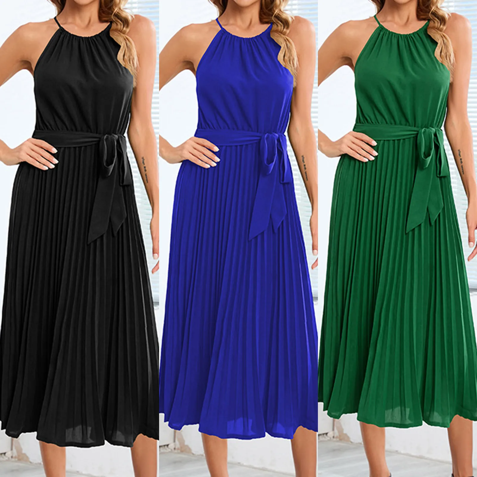 Women Pleated Suspenders Maxi Dress Casual Halter Flowy Slip Pleated Dress Sleeveless Waist Lace Up Solid Fashion Party Clubwear
Women Pleated Suspenders Maxi Dress Casual Halter Flowy Slip Pleated Dress Sleeveless Waist Lace Up Solid Fashion Party Clubwear