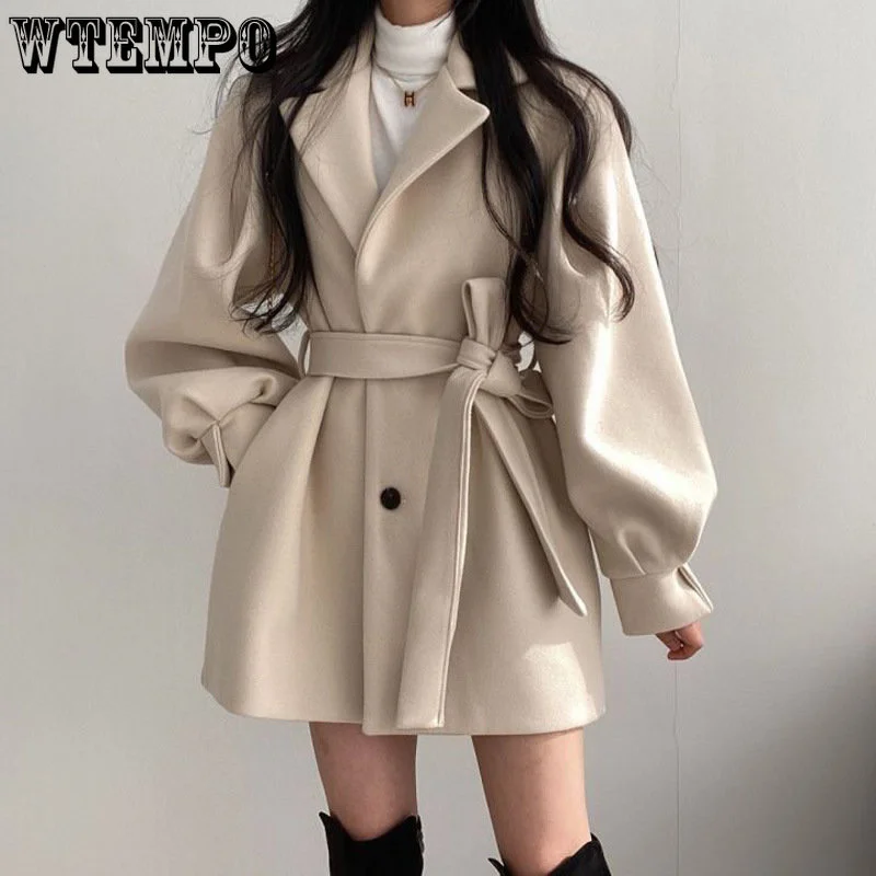 

Mid Length Topcoat Blazer Collar Woolen Coat Women Belted Winter Jacket Niche Vintage Loose Fashion Overcoat Solid Trench Coats