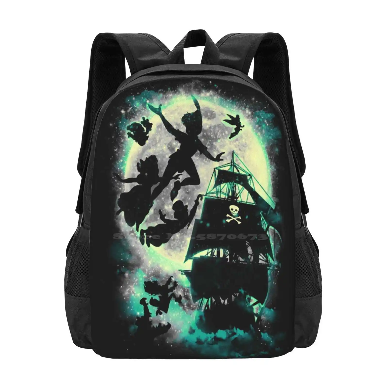 

Take Me To Neverland Teen College Student Backpack Pattern Design Bags Star Captain Hook Ship Crocodile Wendy