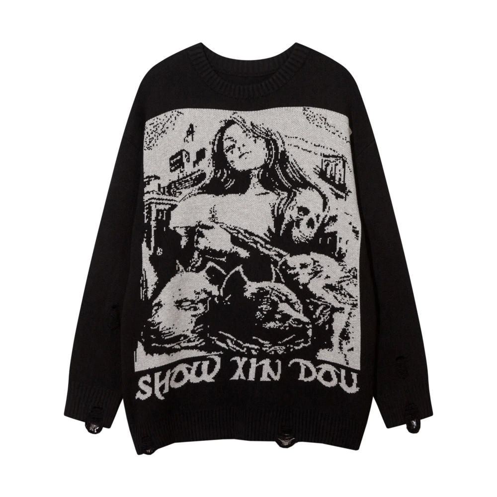 

Burial Woman-Skulls Knitted Frayed Oversize Goth Sweaters for Women Men Ripped Holes Dark Academia Aesthetic Winter Clothing