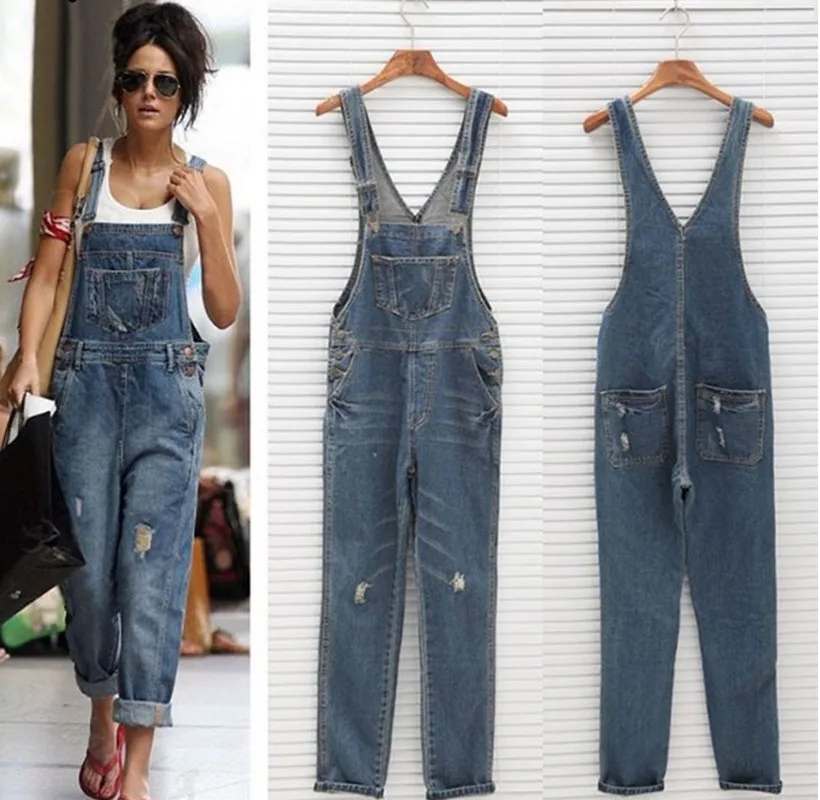

2023 New Stylish Casual Loose Vintage Women Denim Overalls Scratched Washed Ripped Hole Girl Full Lengt Pants Female Jumpsuits