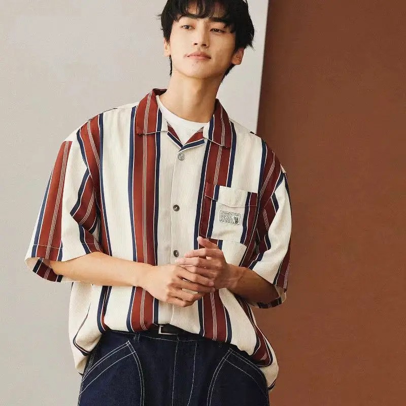 Brown White Striped Dress Shirts Men Cuban Collar Button Up Shirt Women Vintage Japanese Short Sleeve Shirt Summer Safari Style
Brown White Striped Dress Shirts Men Cuban Collar Button Up Shirt Women Vintage Japanese Short Sleeve Shirt Summer Safari Style