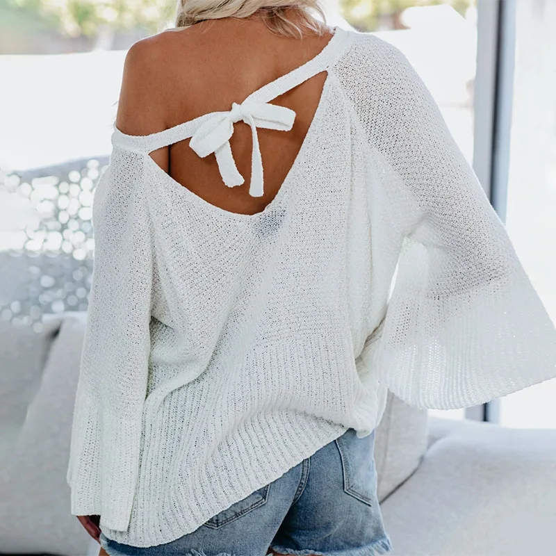 Spring And Summer One-Line Neck Lace-Up Knitted Pullover Shirt European American Women's Batwing Sleeve Sexy Backless Sweater
Spring And Summer One-Line Neck Lace-Up Knitted Pullover Shirt European American Women's Batwing Sleeve Sexy Backless Sweater