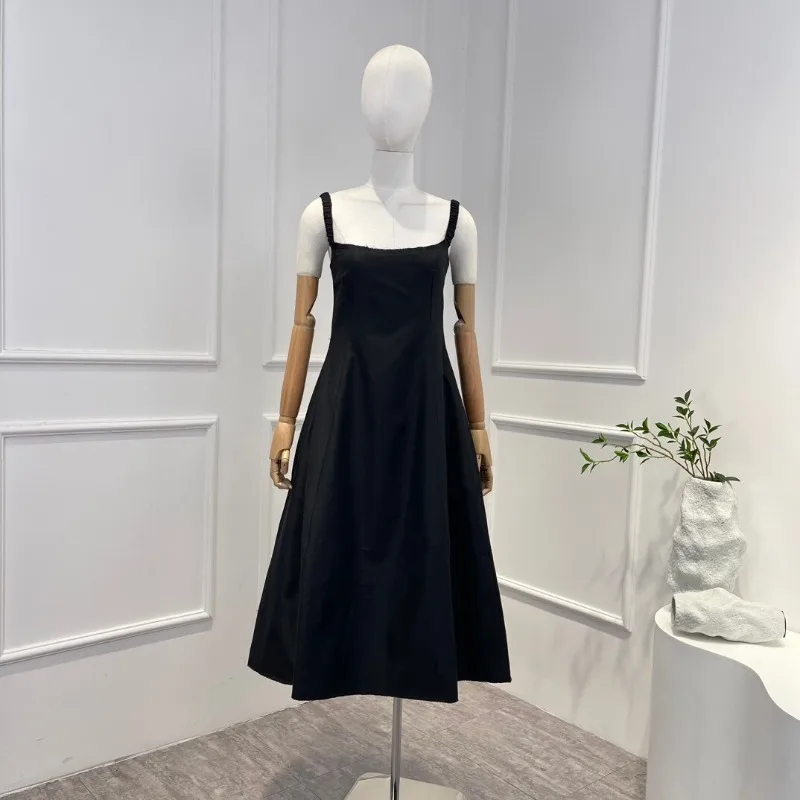 

2023 Новое поступление высококачественное элегантное однотонное черное платье миди на бретельках с рукавами и квадратным вырезом для женщин