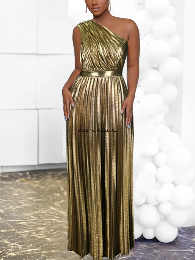 Elegant Women Even Dresses Luxury Maxi Long Metallic Pleated Dress One Shoulder Sleeveless Premium Shiny Shimmer Gowns Big Size
Elegant Women Even Dresses Luxury Maxi Long Metallic Pleated Dress One Shoulder Sleeveless Premium Shiny Shimmer Gowns Big Size