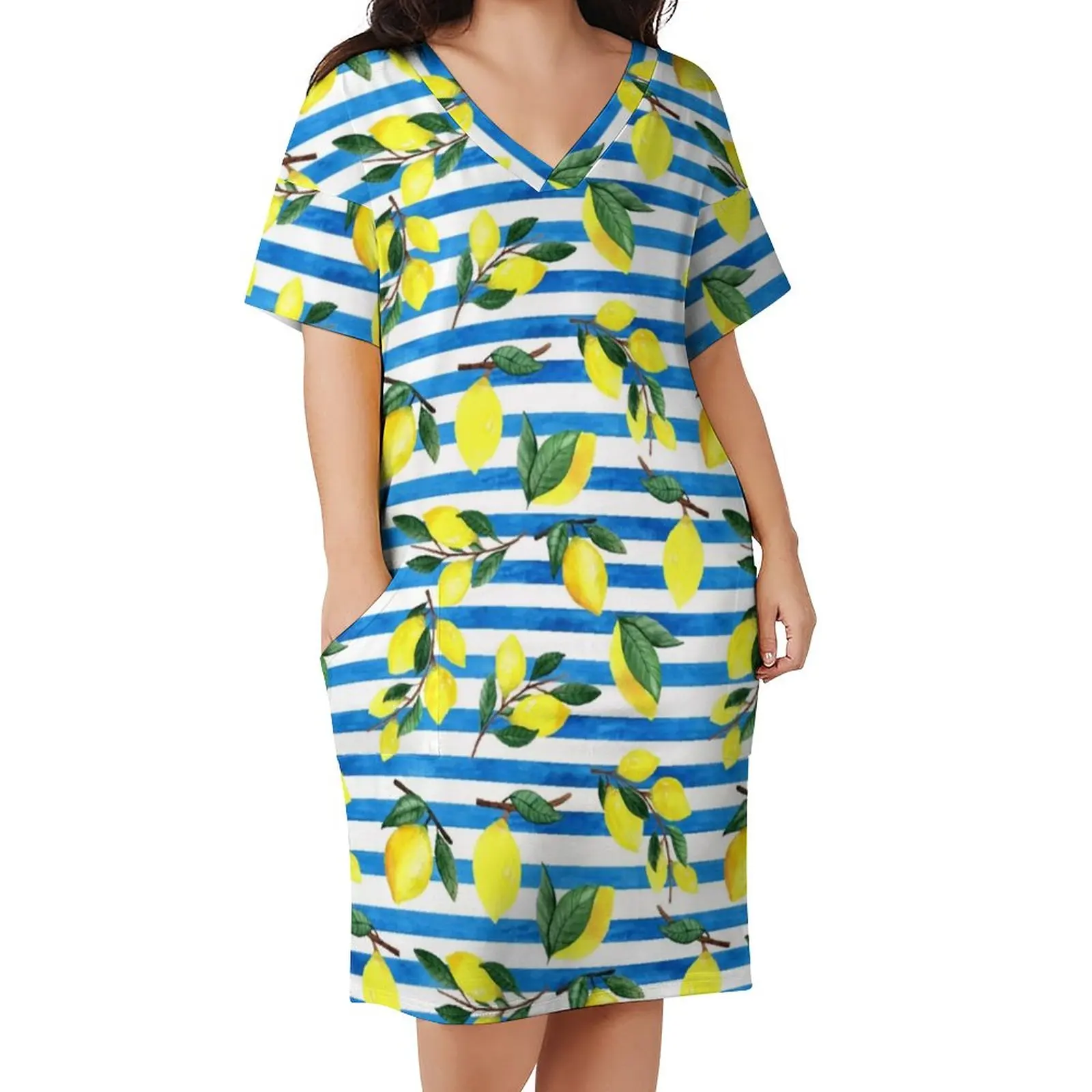 Watercolor Fruit Casual Dress Summer Lemons On Striped Print Retro Dresses Womens V Neck Printed Basic Dress Plus Size 4XL 5XL
Watercolor Fruit Casual Dress Summer Lemons On Striped Print Retro Dresses Womens V Neck Printed Basic Dress Plus Size 4XL 5XL