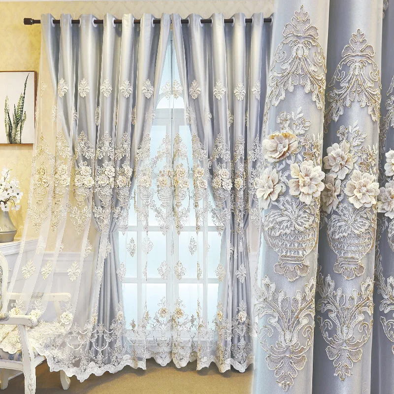 

European Luxury Embroidery Curtains for Living Room Study Bedroom Double Layer Blackout Yarn Tulle Window Villa Flower Custom