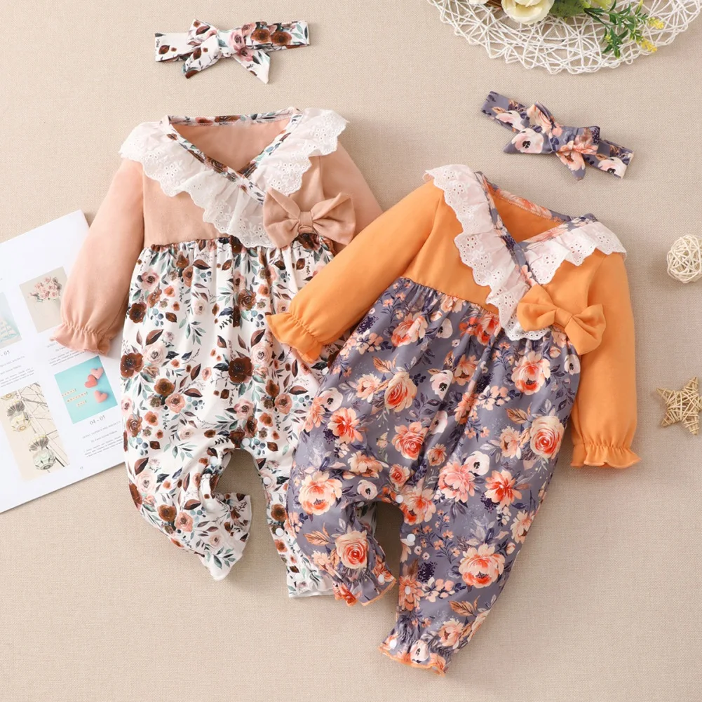 

Baywell/Одежда для новорожденных девочек от 0 до 18 месяцев комбинезон с цветочным принтом и повязкой на голову, одежда для маленьких девочек Пов...