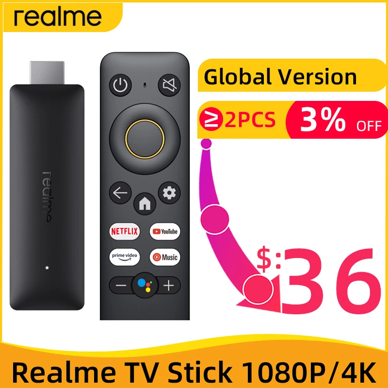 

Realme 4K Smart TV Stick 1080P Global Version 1/2GB RAM 8GB ROM ARM Cortex A35 Quad Core Bluetooth 5.0 Google TV Stick Android