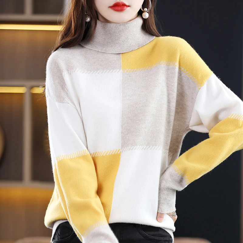 Autumn Winter Women Sweaters Long Sleeve Turtleneck Patchwork Casual Coats Female Pullover Jumper Blouse 100% Wool Knitted Tops
Autumn Winter Women Sweaters Long Sleeve Turtleneck Patchwork Casual Coats Female Pullover Jumper Blouse 100% Wool Knitted Tops