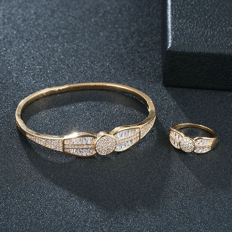 

Women’s Korea Edition Simple Personality Ladies Shining 2PCS Bracelet Ring Set High Quality AAA Zircon Party Gifts Wedding Jewel