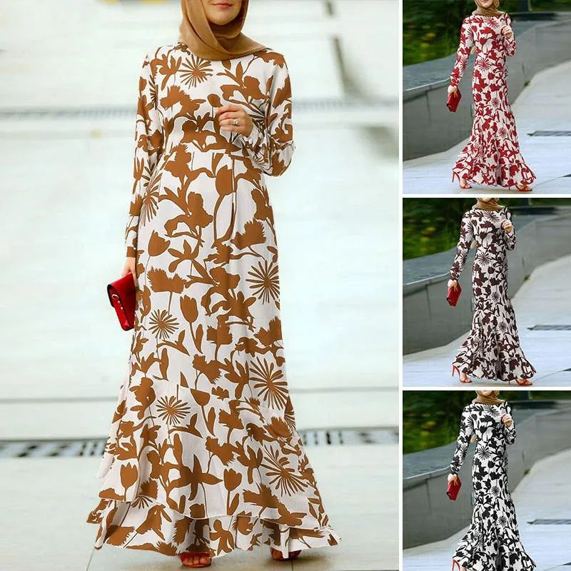 

2022 Hot Sale Abayat Muslim Abaya Femme Boho Print Ruffle Hem Elegant Islamic Women Dress for Middle East Arabian Turkey