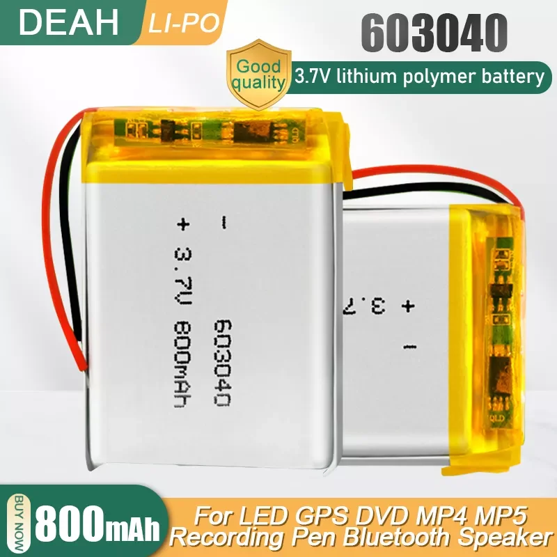 603040 3.7V 800mAh Rechargeable Lithium Polymer Battery Lipo Li ion Cell For MP3 MP4 GPS DVD Bluetooth Speaker E-book Massager
603040 3.7V 800mAh Rechargeable Lithium Polymer Battery Lipo Li ion Cell For MP3 MP4 GPS DVD Bluetooth Speaker E-book Massager