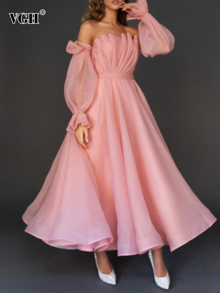 VGH Vintage Pink Dress For Women Long Sleeve Off Shoulder Patchwork Folds Gathered Waist Midi Dresses Female 2022 Spring Clothes 
VGH Vintage Pink Dress For Women Long Sleeve Off Shoulder Patchwork Folds Gathered Waist Midi Dresses Female 2022 Spring Clothes