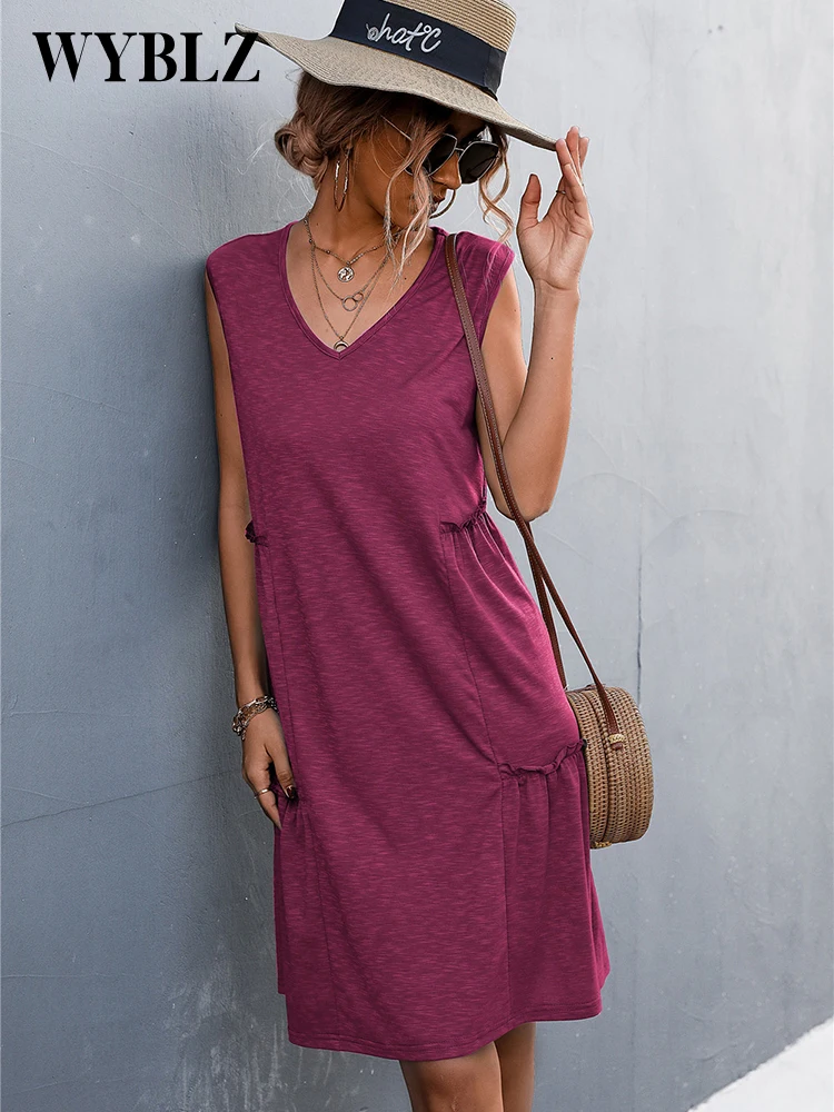 WYBLZ 2022 Summer Dresses Popular V-Neck Sleeveless Vest Dress Female Casual Elegant Dresses for Women Solid Loose Mini Dress
WYBLZ 2022 Summer Dresses Popular V-Neck Sleeveless Vest Dress Female Casual Elegant Dresses for Women Solid Loose Mini Dress