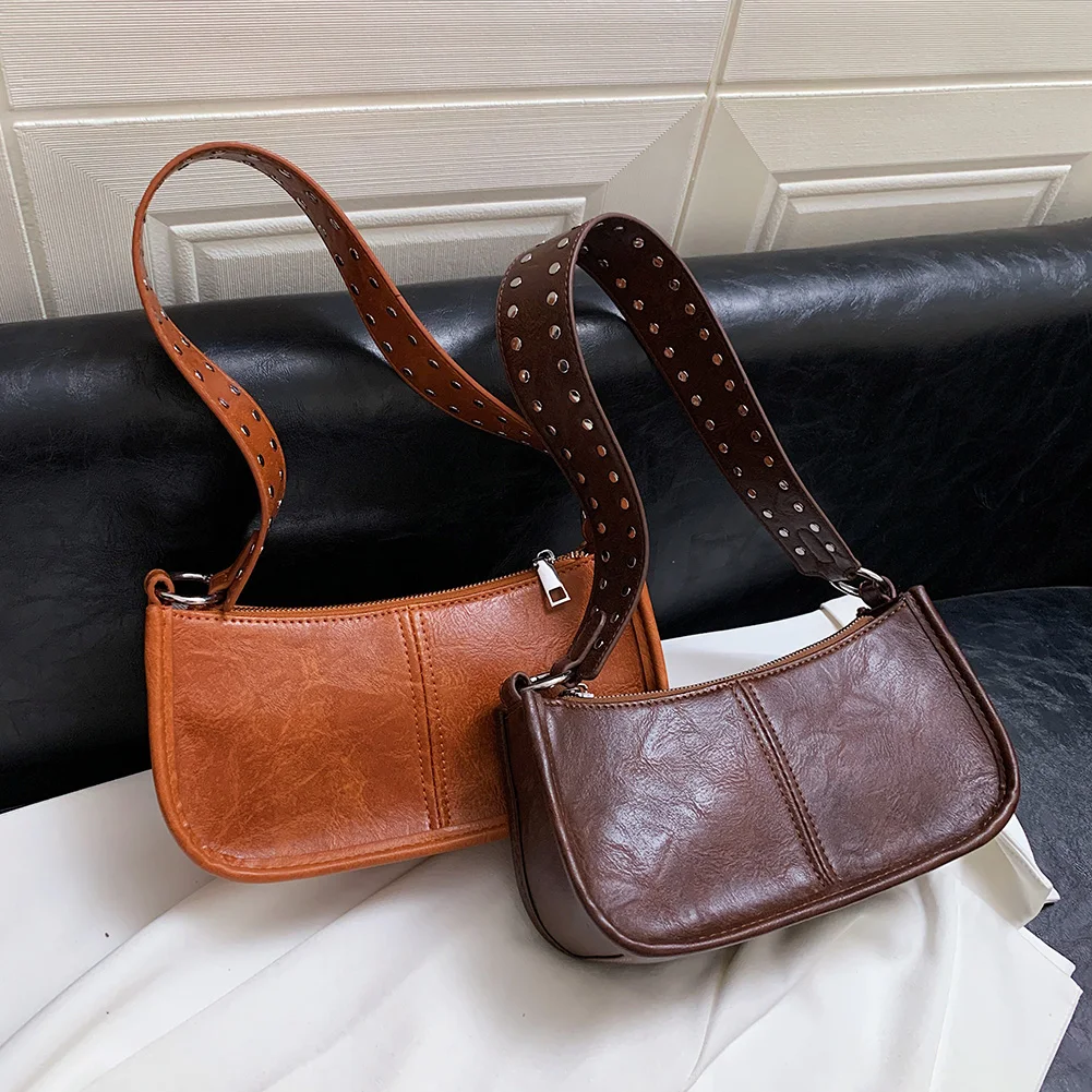 

Women Retro Shoulder Bag Studded Decor Underarm Satchel Bag Adjustable Strap Leather Tote Bag PU Tote Handbag Girl Stylish Purse
