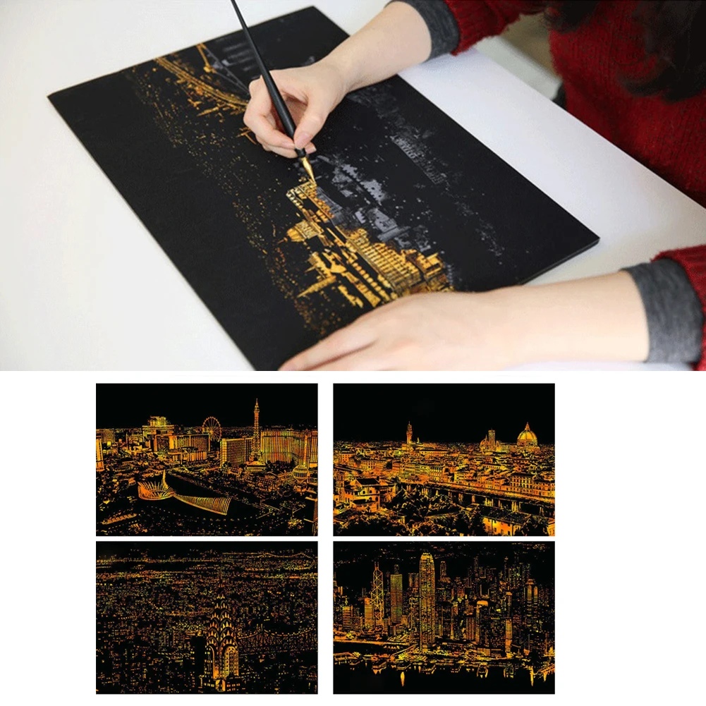 Colorful Magic Scraping Painting DIY Manual City Night View Scratch Paper Drawing Toys Paper Craft Gift for Kids Adults
Colorful Magic Scraping Painting DIY Manual City Night View Scratch Paper Drawing Toys Paper Craft Gift for Kids Adults