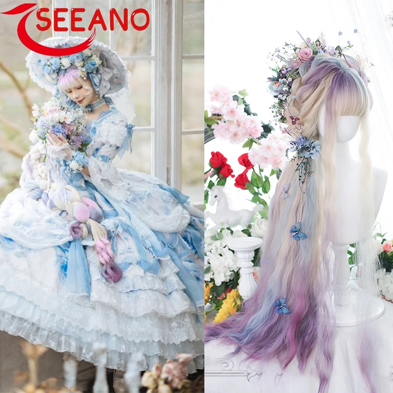 

SEEANO Synthetic Cosplay Wig 100cm Long Curly Lolita Wig Blue Purple Gradient Harajuku Wig with Bang Wig Women Halloween Cosplay