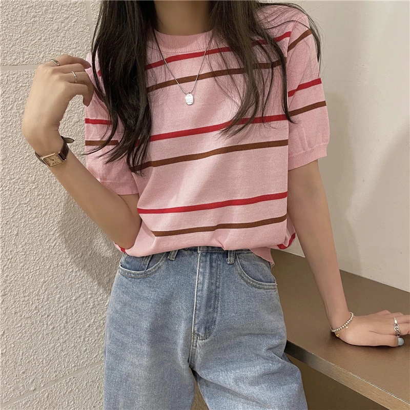 2022 Summer Striped Knitted T Shirt Women Fashion Korean Slim Tshirt O Neck Basic Tee Shirt Short Sleeve Femme T-Shirt Top Mujer
2022 Summer Striped Knitted T Shirt Women Fashion Korean Slim Tshirt O Neck Basic Tee Shirt Short Sleeve Femme T-Shirt Top Mujer
