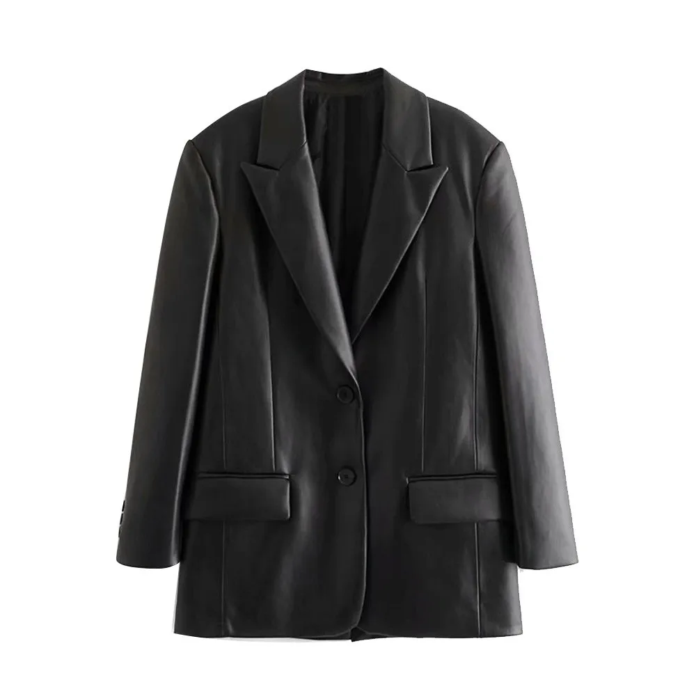 Huaxiafan Women Fashion Faux Loose Leather Blazer Vintage Coat Long Sleeve With Flap Pockets Outerwear Women Chic Vest Femme
Huaxiafan Women Fashion Faux Loose Leather Blazer Vintage Coat Long Sleeve With Flap Pockets Outerwear Women Chic Vest Femme