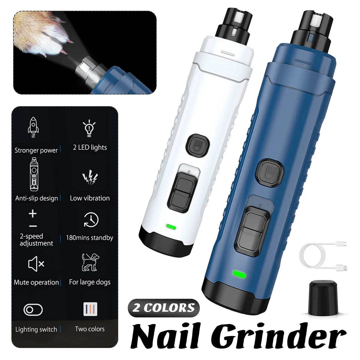 2 LED Light 2-Speed Electric Dog Nail Grinder Portable USB Rechargeable Pet Paw Painless Grooming Trimming
2 LED Light 2-Speed Electric Dog Nail Grinder Portable USB Rechargeable Pet Paw Painless Grooming Trimming