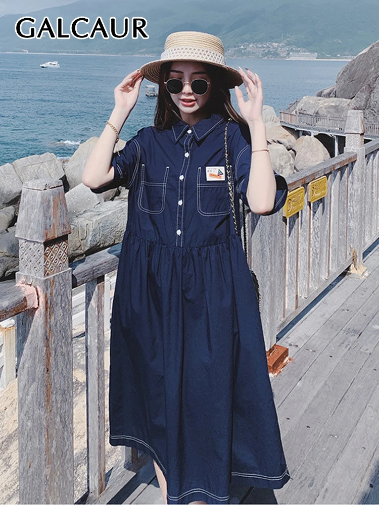 GALCAUR Denim Midi Dresses For Women Lapel Short Sleeve High Waist Single Breasted Loose Hit Color Folds A Line Dress Female
GALCAUR Denim Midi Dresses For Women Lapel Short Sleeve High Waist Single Breasted Loose Hit Color Folds A Line Dress Female