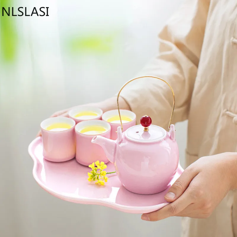 

Креативные розовые керамические чайные наборы, поднос, изысканный чайный горшок из селадона, чайник ручной работы, чайная чашка, китайская ...