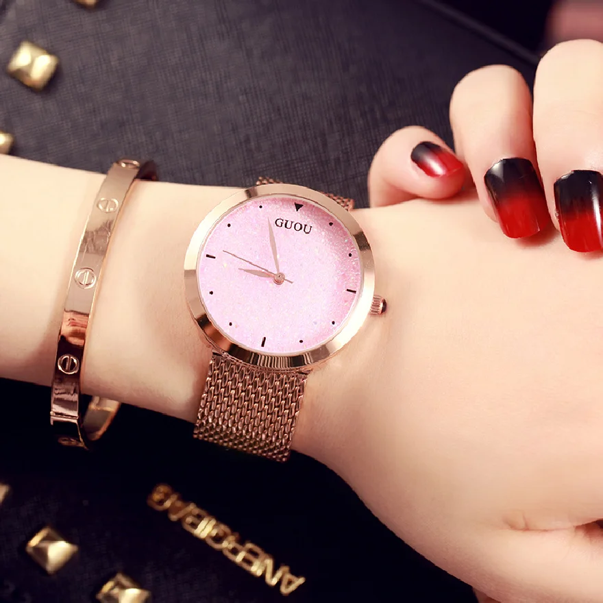 

2019 модные роскошные женские кварцевые Часы Guou цвета розового золота, простые повседневные наручные часы из нержавеющей стали с металлическ...