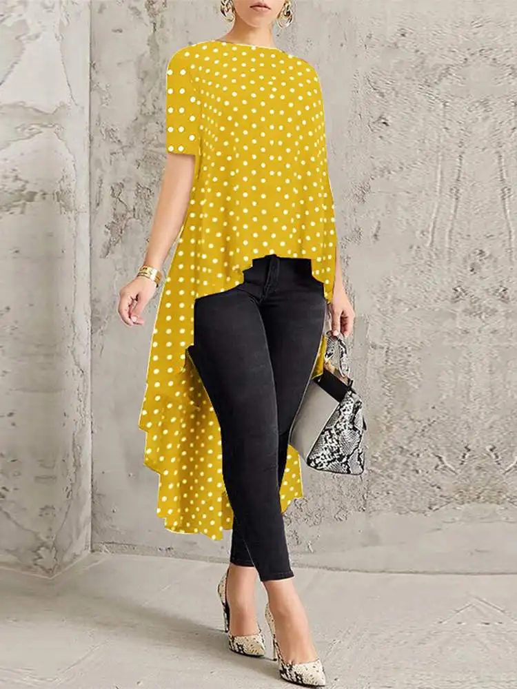 

ZANZEA Women Asymmetrical Long Chemise Femme Fashion Polka Dot Printed Tops Casual Elegant OL Blusas Blouse Tunic Summer 2023